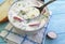 Okroshka healthy yoghurt appetizing on blue wooden bowl rustic hash food lunch dinner summer mix