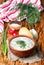Okroshka. Summer light cold yogurt soup with cucumber, radish, eggs and dill