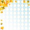 Oktoberfest background with textured blue and white squares with golden outlines decorated with orange maple leaves