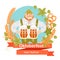 Oktoberfest banner with funny cartoon character in a wreath of barley and hops. A man with a mugs of beer