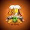 Oktoberfest Banner Illustration with Fresh Beer, Wheat and Hop on Shiny Yellow Background. Vector Traditional German