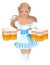 Oktoberfest Beer Festival. German girl waitress holding mugs of beer