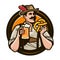 Oktoberfest, beer festival. Happy man in national costume holds a glass of ale and pretzel in hands. Cartoon vector illustration