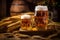 Oktoberfest beer glasses full of beer and beer barrel with wheat on wooden table, neural network generated photorealistic image