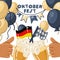 Oktoberfest is a Bovary beer festival . The name with a banner banner, balloons and beer mugs in his hands. Printing on