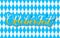 Oktoberfest calligraphy lettering with bubblies on blue white checkered background. Bavarian beer festival. Vector template for