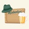 Oktoberfest card, invitation with beer, green hat and wooden board