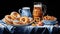 Oktoberfest composition. A mug of beer and a pretzel bagel on a white-blue checkered tablecloth.