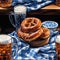 Oktoberfest composition. A mug of beer and a pretzel bagel on a white-blue checkered tablecloth.