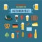 Oktoberfest design elements set. Beer mugs, barrel, pretzel, bottle, hat with feather, roasted chicken, fork with sausage, leaf,