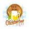 Oktoberfest design with mug of beer, wooden barrel, barley spikes and hops on blue and white diamonds background.
