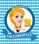 Oktoberfest flyer, with redhead girl holding three pints of