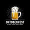 Oktoberfest, hand drawn logo badge. Old style full glass of beer with sun rays background illustration for Munich beer festival