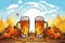 Oktoberfest horizontal banner. Oktober fest autumn template with beer mugs, with pumpkins. Beer festival. AI Generated