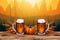 Oktoberfest horizontal banner. Oktober fest autumn template with beer mugs, with pumpkins. Beer festival. AI Generated