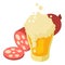 Oktoberfest icon isometric vector. Glass foamy beer mug and smoked sausage piece