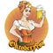 Oktoberfest pin-up woman with beer wearing german traditional dress. Oktoberfest logo, banner, hand drawn  illustration back