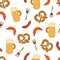 Oktoberfest pretzels beer sausage fork seamless vector illustration pattern. Blue and white checkered background. Perfect for