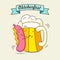 Oktoberfest. Sausage and mug of beer. Vector cartoon. Cheerful s