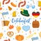 Oktoberfest seamless pattern. October fest in germany endless background. Repeating texture with beer, sausages and