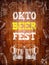 Oktoberfest sign, two beer mugs, chalk drawings, wooden background.