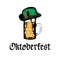 Oktoberfest symbols for beer festival. Vector drawn illustrations of glass mug, Bavarian hat, handwritten Gothic text.