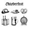 Oktoberfest symbols collection. Vector drawn illustrations of glass mug, pretzel, barrel, Bavarian hat, kettle, sausages