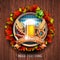 Oktoberfest vector illustration with fresh lager beer on wood texture background. Celebration banner for traditional German beer f