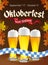 Oktoberfest vintage poster with beer and autumn leaves on dark background. Octoberfest banner. Gothic label