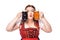 oktoberfest waitress in traditional bavarian dress holding mugs with light and dark beer