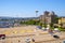 Olbia, Italy - Panoramic view of Olbia port and yacht marina area with piers and Tyrrhenian sea shore and Piazzale Benedetto Brin