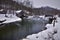 Old 1850 stone dam and mill hyde wisconsin near Ridgeway in winter after fresh snow