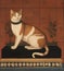 old 18th century worn painting of a ginger cat