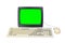 Old 1990s computer with green screen for adding videos and images, retro keyboard and mouse isolated on white background.