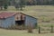 Old abandon metal barn in field.