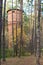 Old abandoned brick water tower in the autumn forest