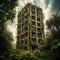 An old and abandoned building in the middle of a lush forest completely obscured by dense foliage