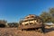 Old and abandoned car in the desert of Namibia. Solitaire. With the beautiful light of the sunrise.