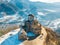 Old abandoned church in North Caucasian mountains, aerial view