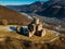 Old abandoned church in North Caucasian mountains, aerial view