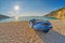 Old Abandoned Fishermen Boat at Sunset Myrtos Beach in Kefalonia, Greece