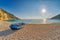 Old Abandoned Fishermen Boat at Sunset Myrtos Beach in Kefalonia, Greece