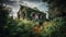 an old abandoned house covered in vines and ivys in a field of tall grass and trees with a cloudy blue sky in the background