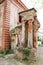 Old abandoned ruined red brick house in the old russian outback town Ostashkov