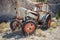 Old abandoned rusted tractor stands on grass