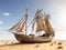 Old abandoned ship with sails in dry desert sand, generative ai