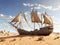 Old abandoned ship with sails in dry desert sand, generative ai