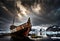 old abandoned ship surrounded by floating ice in an arctic ocean landscape with a dramatic cloudy sky