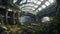 old abandoned train depot, subway station after the apocalypse, overgrown with vines and plants ai created