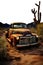 old abandoned vintage truck in a desert landscape. cacti, cactus, shrubs. Transparent background PNG. Retro, vintage, antique car.